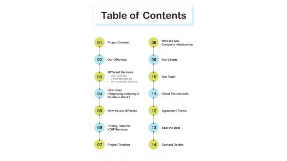 Table Of Contents Hosted Voip Proposal One Pager Sample Example Document