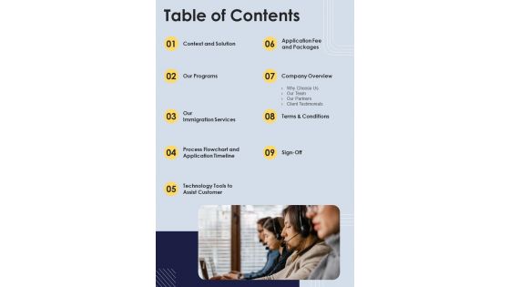 Table Of Contents Immigration Consultant Business Proposal One Pager Sample Example Document
