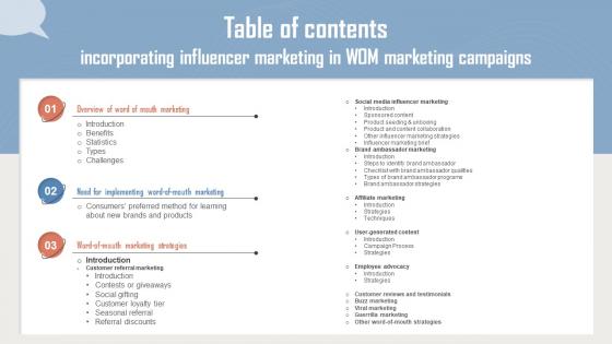 Table Of Contents Incorporating Influencer Marketing In WOM Marketing MKT SS V