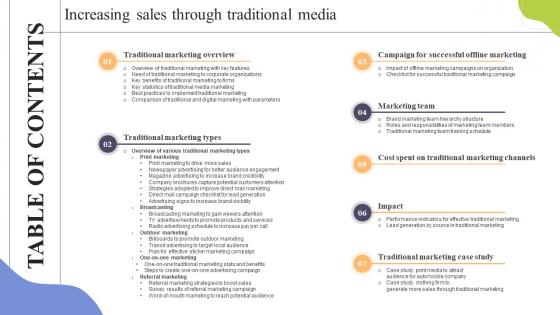 Table Of Contents Increasing Sales Through Traditional Media Ppt Powerpoint Presentation File Icon