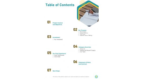 Table Of Contents Industrial Plant Business Proposal One Pager Sample Example Document