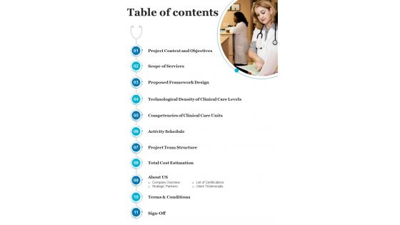Table Of Contents Integrated Healthcare Network System Proposal One Pager Sample Example Document