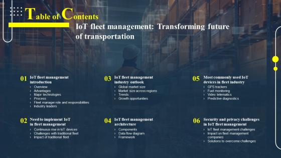 Table Of Contents IOT Fleet Management Transforming Future Of Transportation IOT SS V
