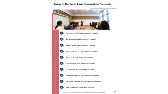 Table Of Contents Lead Generation Proposal One Pager Sample Example Document