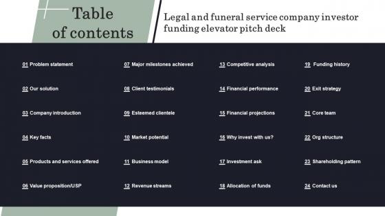 Table Of Contents Legal And Funeral Service Company Investor Funding Elevator Pitch Deck