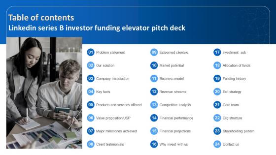 Table Of Contents Linkedin Series B Investor Funding Elevator Pitch Deck