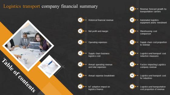 Table Of Contents Logistics Transport Company Financial Summary