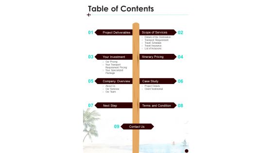 Table Of Contents Managing Corporate Tour And Travel Service One Pager Sample Example Document