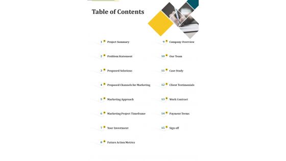 Table Of Contents Marketing And Its Future Metrics Proposal One Pager Sample Example Document