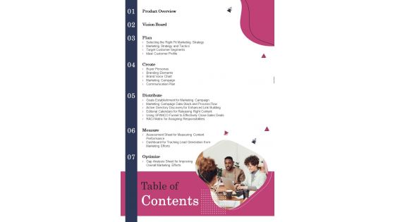 Table Of Contents Marketing Playbook One Pager Sample Example Document