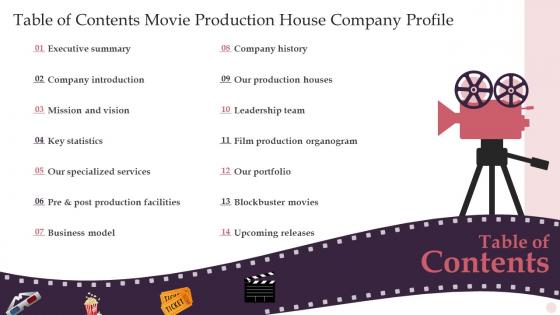 Table Of Contents Movie Production House Company Profile Ppt Slides Styles