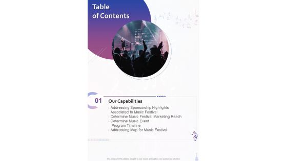 Table Of Contents Music Festival Sponsorship Proposal Template One Pager Sample Example Document