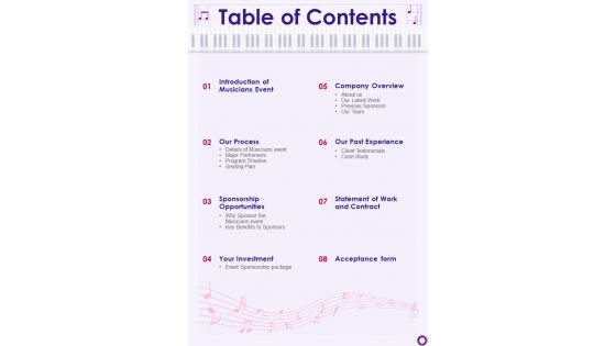 Table Of Contents Musicians Event Proposal One Pager Sample Example Document