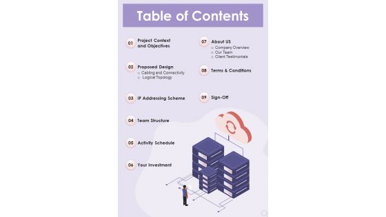 Table Of Contents Network Engineering Project Design Proposal One Pager Sample Example Document