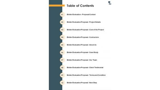 Table Of Contents One Pager Sample Example Document