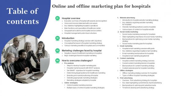 Table Of Contents Online And Offline Marketing Plan For Hospitals For Hospitals