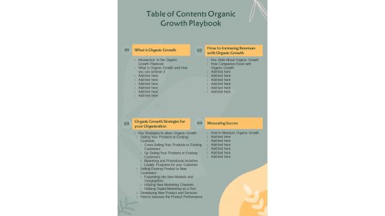 Table Of Contents Organic Growth Playbook One Pager Sample Example Document