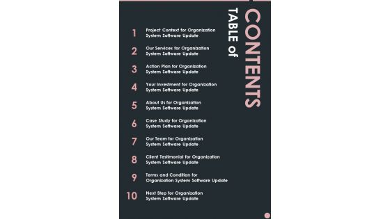 Table Of Contents Organization System Software Update One Pager Sample Example Document
