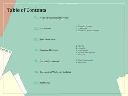 Table of contents our past experience ppt file example introduction