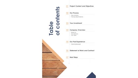 Table Of Contents Paling Services Proposal One Pager Sample Example Document