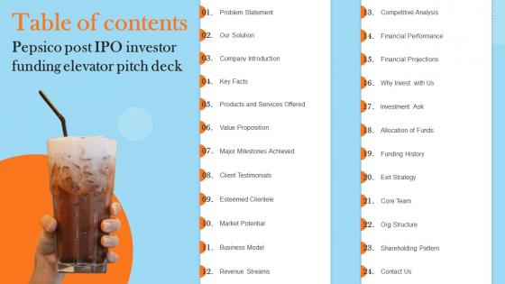 Table Of Contents Pepsico Post IPO Investor Funding Elevator Pitch Deck