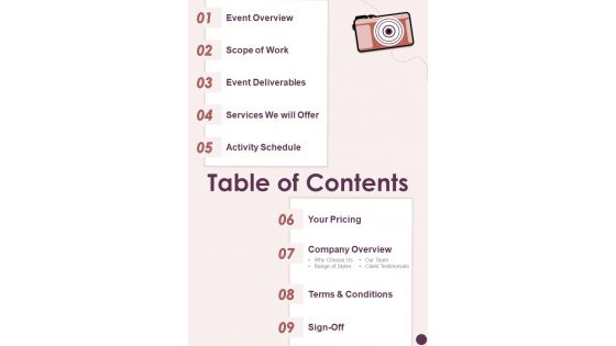 Table Of Contents Photography And Videography Services Proposal One Pager Sample Example Document