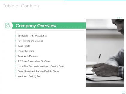 Table of contents pitchbook for initial public offering deal ppt professional styles