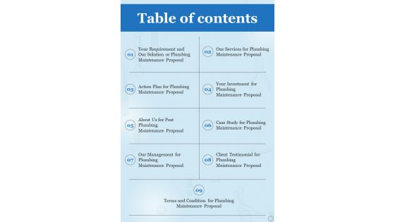 Table Of Contents Plumbing Maintenance Proposal One Pager Sample Example Document