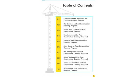 Table Of Contents Post Construction Cleaning Proposal One Pager Sample Example Document