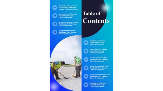 Table Of Contents Post Real Estate Work Cleanup Contractor Proposal One Pager Sample Example Document