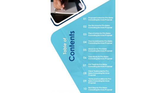 Table Of Contents Pre Sales Consulting Services Proposal One Pager Sample Example Document