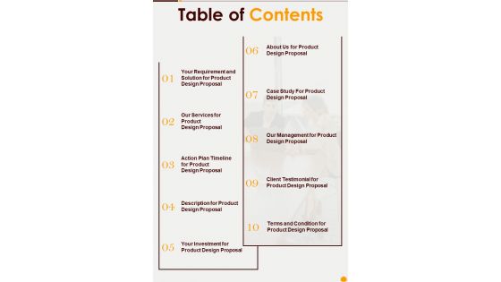 Table Of Contents Product Design Proposal One Pager Sample Example Document