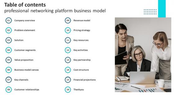 Table Of Contents Professional Networking Platform Business Model BMC SS V