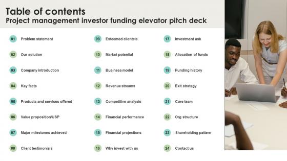 Table Of Contents Project Management Investor Funding Elevator Pitch Deck
