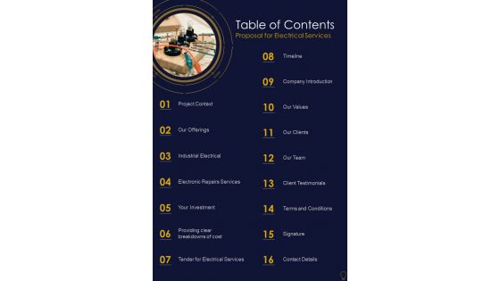 Table Of Contents Proposal For Electrical Services One Pager Sample Example Document