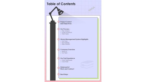 Table Of Contents Proposal For Library Book Keeping Suite One Pager Sample Example Document