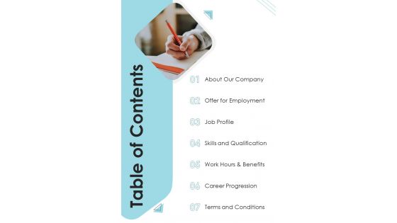 Table Of Contents Proposal For Marketing Job One Pager Sample Example Document
