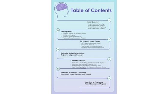 Table Of Contents Psychology Project Development Proposal One Pager Sample Example Document