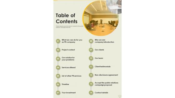 Table Of Contents Public Relations Plan Proposal One Pager Sample Example Document