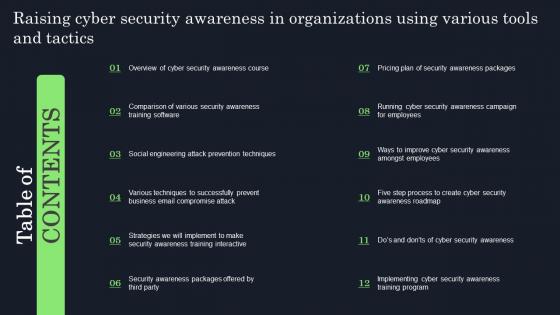 Table Of Contents Raising Cyber Security Awareness In Organizations Using Various Tools And Tactics