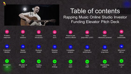 Table Of Contents Rapping Music Online Studio Investor Funding Elevator Pitch Deck