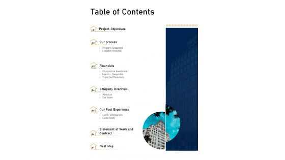 Table Of Contents Real Estate Investment Proposal Presentation One Pager Sample Example Document