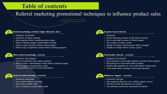 Table Of Contents Referral Marketing Promotional Techniques Influence Product Sales MKT SS V