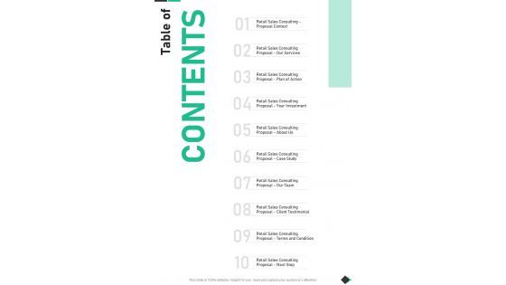 Table Of Contents Retail Sales Consulting One Pager Sample Example Document
