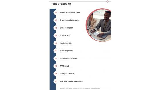 Table Of Contents Rfp For Event Planning One Pager Sample Example Document