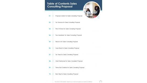 Table Of Contents Sales Consulting Proposal One Pager Sample Example Document