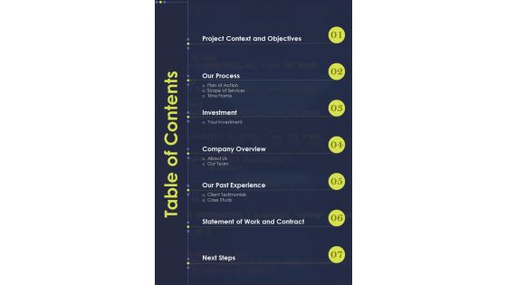 Table Of Contents Science Conference Proposal One Pager Sample Example Document