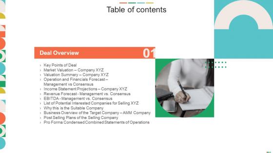Table Of Contents Sell Side Investment Pitch Book With Company Overview And Banking Deals