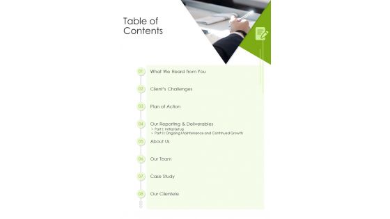 Table Of Contents SEO Proposal One Pager Sample Example Document