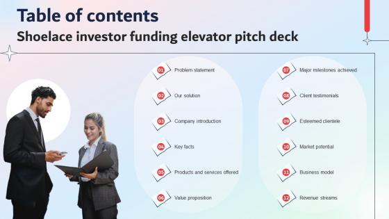 Table Of Contents Shoelace Investor Funding Elevator Pitch Deck